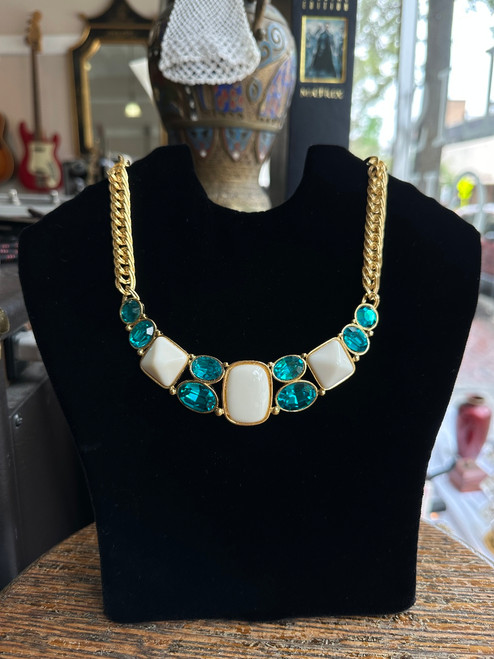 Vintage Yves Saint Laurent GP White Resin Blue Glass Runway Couture Necklace 18"