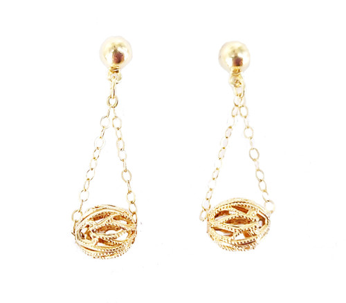 Vintage 14k Yellow Gold Filigree Ball and Chain Drop Dangle Earrings 1”