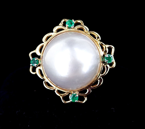 Vintage 14k Gold White Gray Round Pearl Emerald Elegant Statement Ring sz 6.5