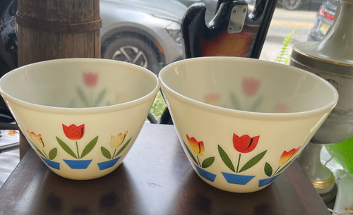 Vintage  Fire King Oven Ware Glass Tulip Stacking Nesting Mixing Bowl Pair MCM