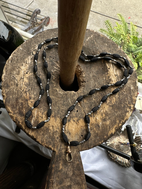 Antique Victorian Lanyard Mourning Black Jet Glass Bead Charm Watch Necklace 28”