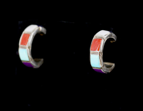 Vintage Southwestern Sterling Silver Multi-Stone Inlay Partial Hoop Earrings