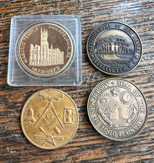 VTG Lot of 4 Masonic Coins Freemason Grand Lodge NJ Philadelphia Token Medallion