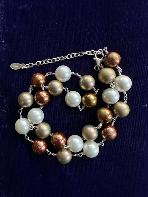 Vintage Sterling 10mm Bronze/White/Gold/Copper Glass Pearl Tin Cup Necklace 19”