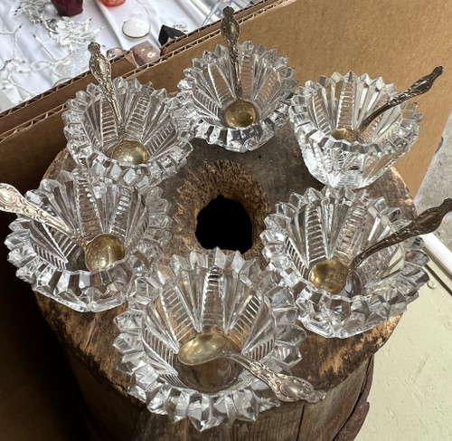 Antique Cut Glass Salt Cellar Set 6 w/ Sterling Silver Spoons Hollywood Regency