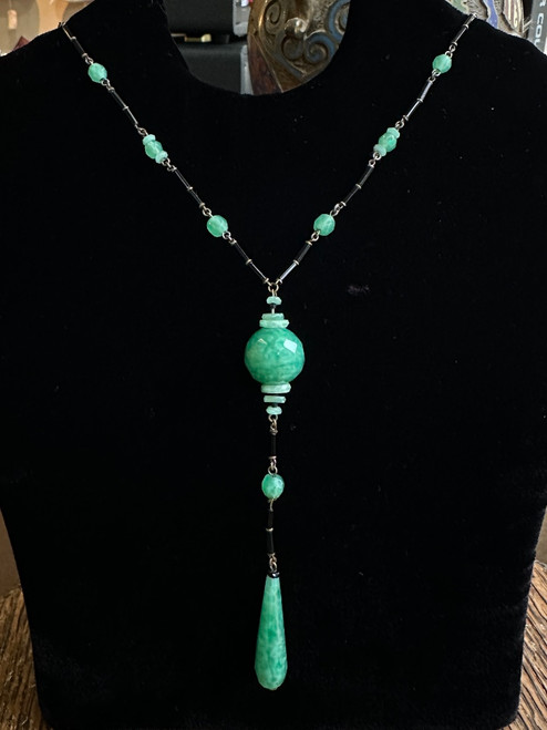 Antique Edwardian Art Deco Green Peking Glass Black Bead Y-Drop Necklace 27"