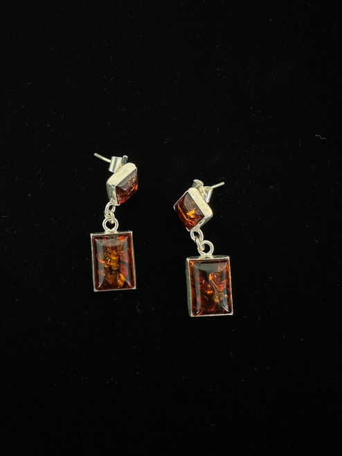 Vintage Sterling Silver Square Spangled Amber Dangle/Drop Post Back Earrings