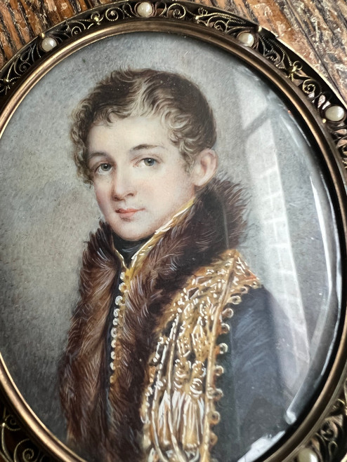 Antique Miniature Portrait Painting Georgian Romantic Byronic German Boy Framed