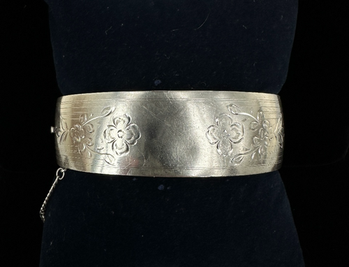 Antique Victorian Sterling Floral Brite Cut/Engraved Wide Bangle Bracelet 6.5”