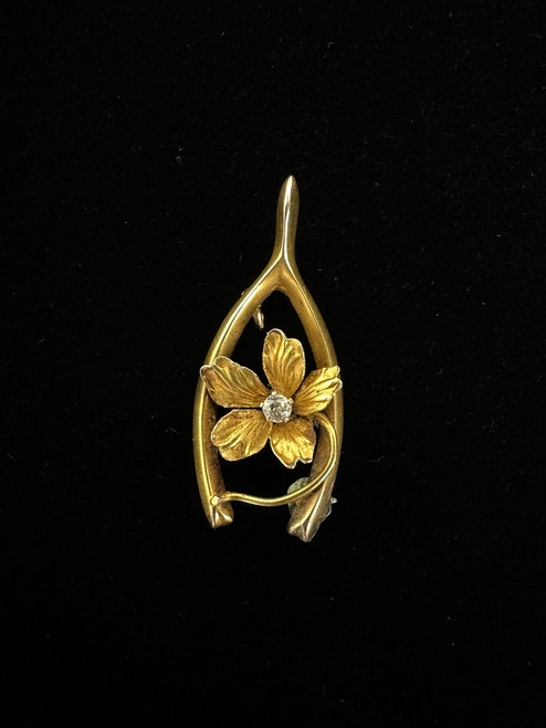 Antique Victorian 14k Gold Diamond Wishbone Flower Good Luck Brooch/Pin 1.25”