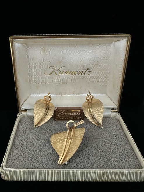 Vintage Krementz 14k GP Leaf Earring Brooch/Pin Set