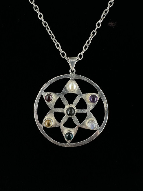 Vintage Sterling Silver Star Chakra Stone Pendant Necklace 25”