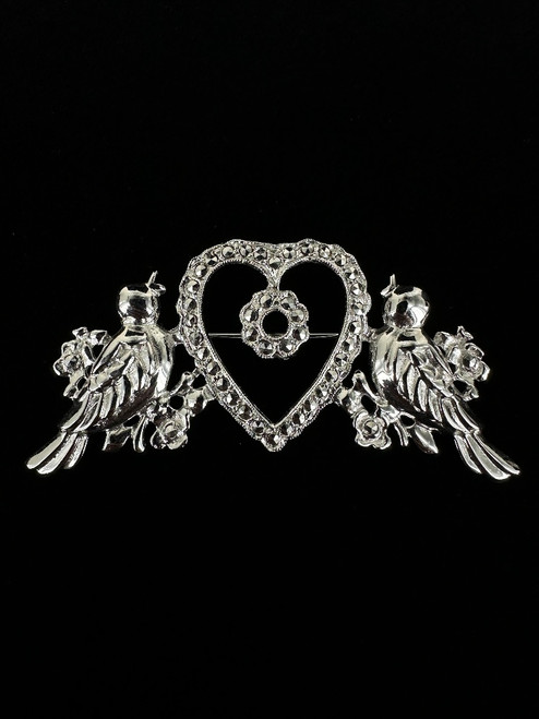 Vintage 1930's Sterling Rhodium Plated Marcasite Love Birds Heart Brooch/Pin