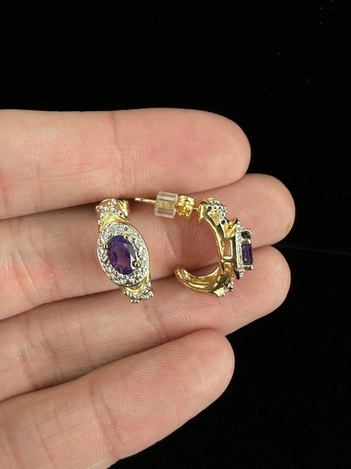 Vintage Sterling 18k Gold Plated C Shape Amethyst Earrings