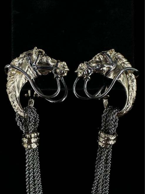 Vintage Estate Sterling Gold Heavy Large Horse Head Chain Tassel Earrings 4.25”