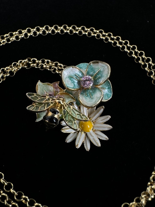 Vintage Designer Sterling Gold Pink CZ Plique À Jour Enamel Floral Necklace 18”