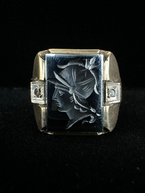 Vintage 10k Gold Hematite Roman Soldier Intaglio Diamond Ring Sz 10