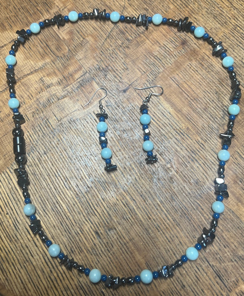 Vintage Matching Amazonite Hematite Art Glass Beaded Necklace And Earring Set