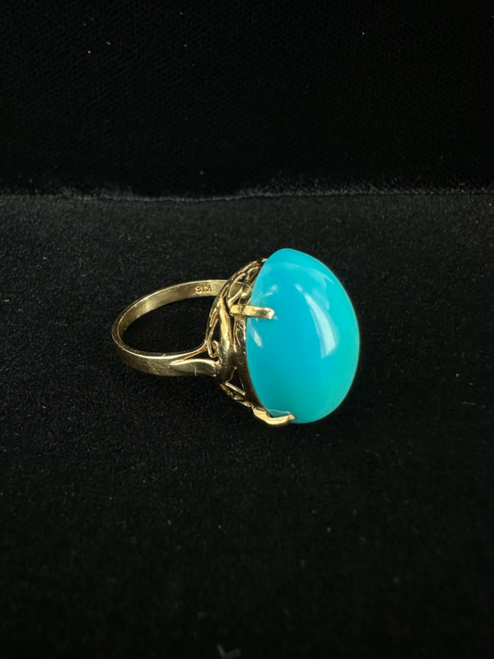 Vintage 18k Gold Large Cabochon Sleeping Beauty Turquoise Solitaire Ring Sz 7