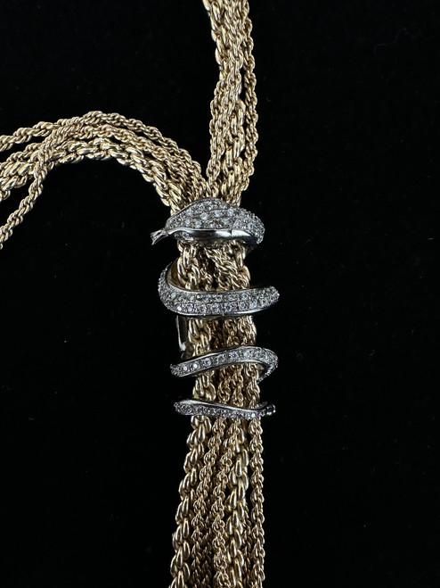Vintage Designer Gold Over Sterling Heavy Chain Cz Snake Tassel Necklace 26"
