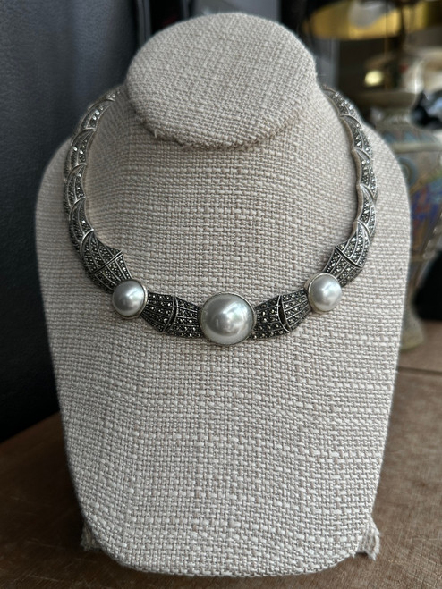 Vintage Designer Sterling Silver Judith Jack Marcasite Pearl Collar Necklace 15"