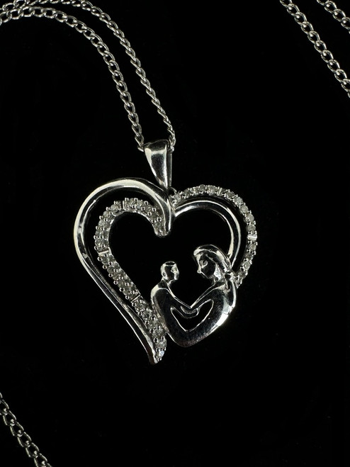 Vintage 10k White Gold Diamond Heart Mother Child Pendant Necklace 18"