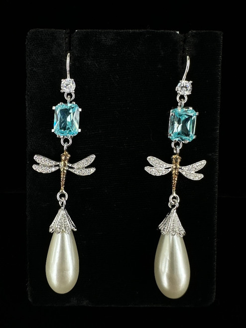 Vintage Designer Sterling Cubic Zirconia Synthetic Pearl Dragonfly Dangle Earrings 2.75”