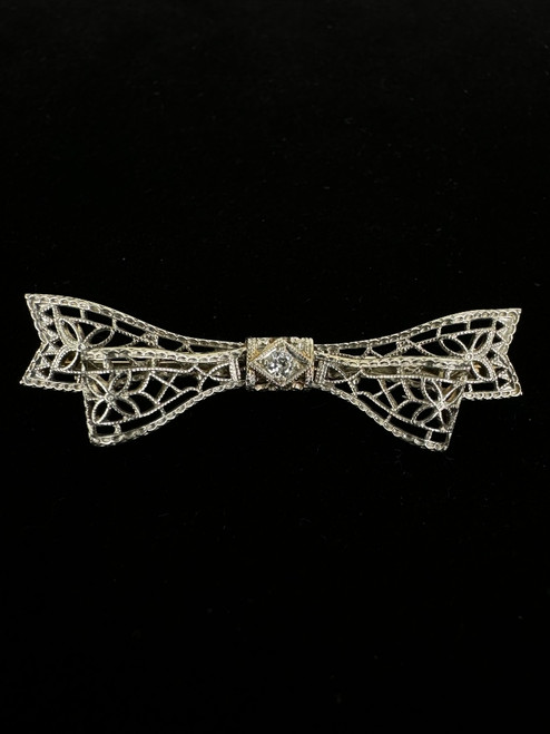 Antique Edwardian Art Deco 14k White Gold Filigree Diamond Bow Brooch/Pin 1.5”