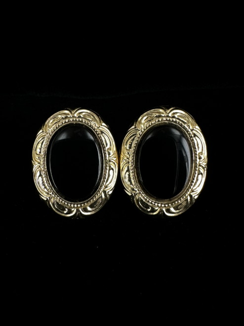 Vintage Victorian Revival 14k Gold Black Onyx Oval Post Earrings