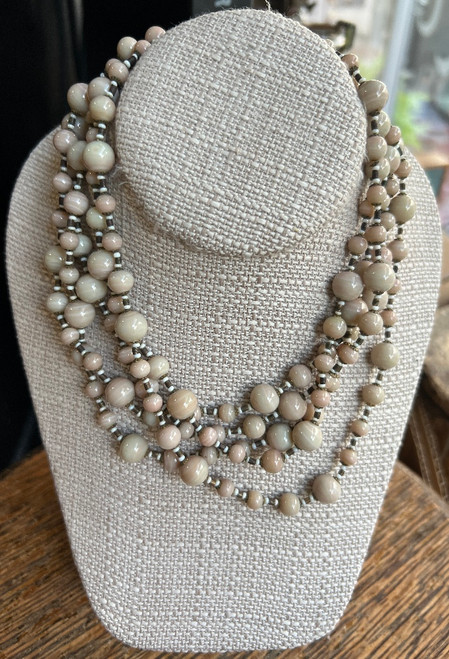 Miriam Haskell 5-strand Gripoix Beige Glass Bead Bronze Rondelle Necklace 15"