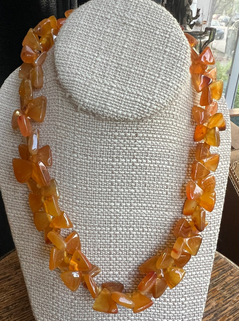 Vintage 1950's Carnelian Stone Triangle Diamond Shape Polished Bead Necklace 18 inches