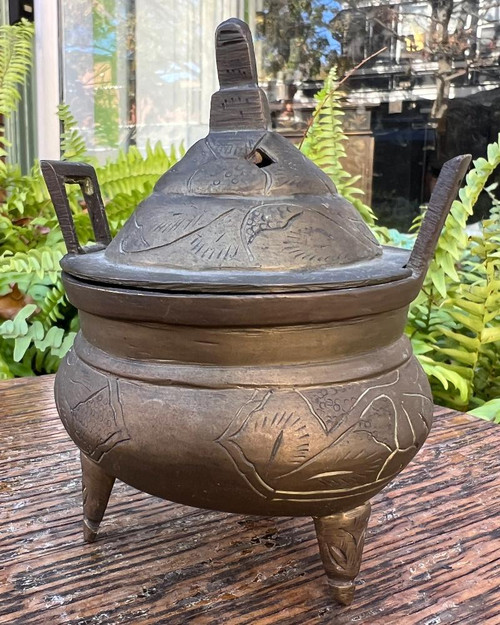 Antique Chinese Incense Brass Etched Burner Holder 1930's Art Deco Made in China