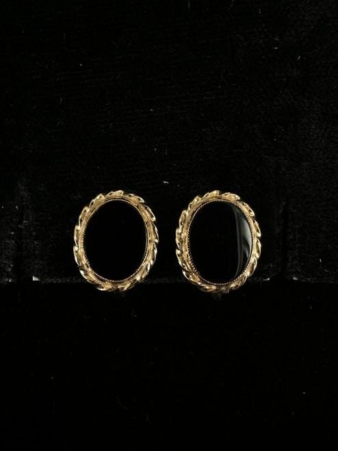 Vintage Art Deco Revival 12k Gold Filled Oval Black Onyx Screw Back Earrings .5”