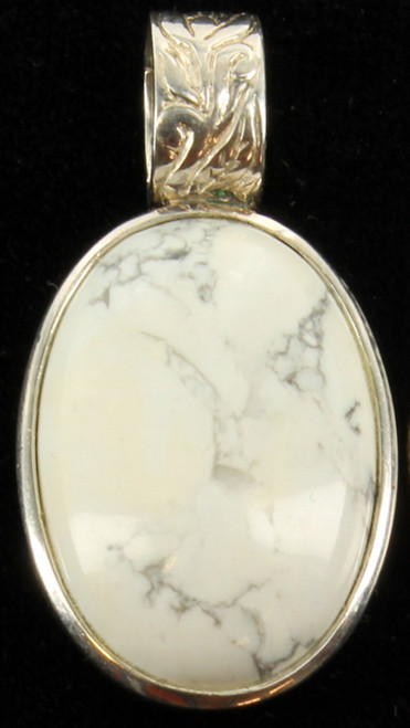 Vintage WS Sterling Repousse  Oval White & Gray Howlite Stone Pendant Turquoise