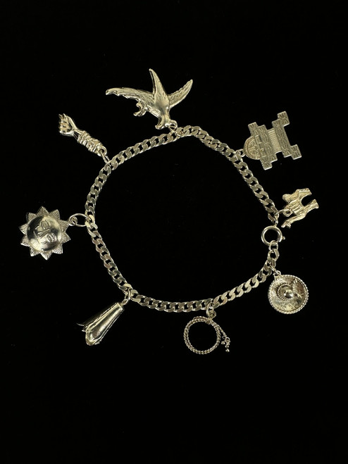 Vintage Sterling Silver Mexico Assorted Charm Travel Chain Bracelet 8.5”