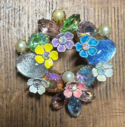 Rare Kramer MCM Vintage Faceted Cab Murano Multi Pastel Color Enamel Brooch Pin