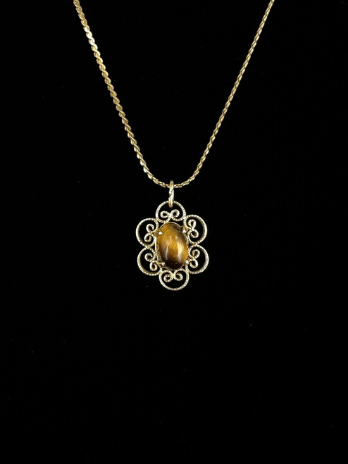 Vintage 14k Gold Dainty Filigree Tigers Eye Pendant Necklace 16”