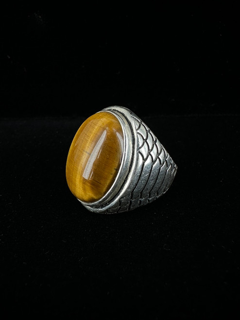 Vintage Sterling Large Oval Tigers Eye Snake Pattern Biker Ring Sz 8