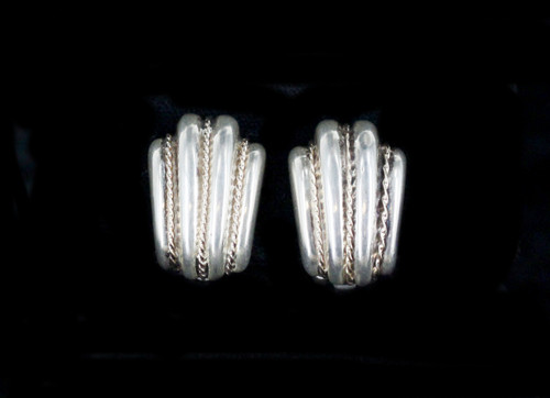 Vintage 70s Retro Sterling Silver Clamshell Clip On Earrings W/14K  Gold Accents
