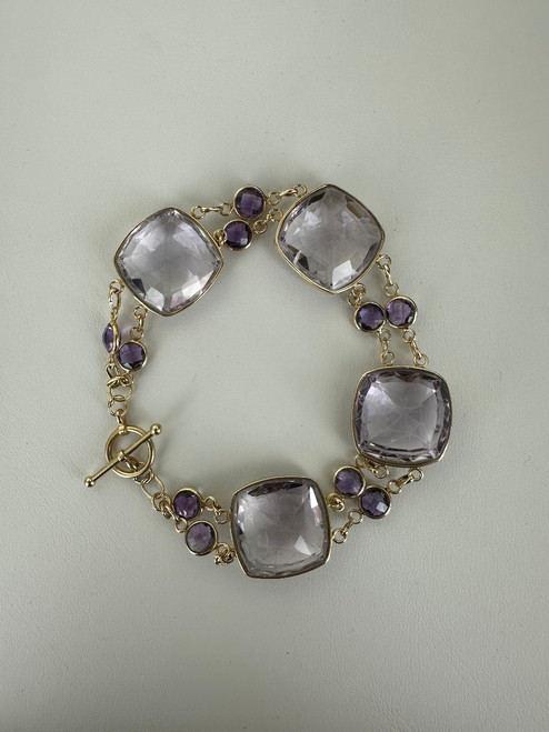 Vintage 14k Gold Large Cushion Cut Amethyst Chain Link Toggle Bracelet 9.5”