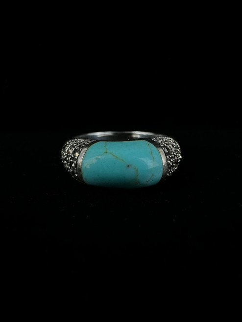 Vintage Sterling Silver Turquoise Marcasite Ring Sz 8.75