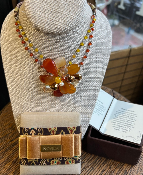 Vintage Carnelian Quartz Pearls Gemstone Flower Blossom Pendant Necklace 19”