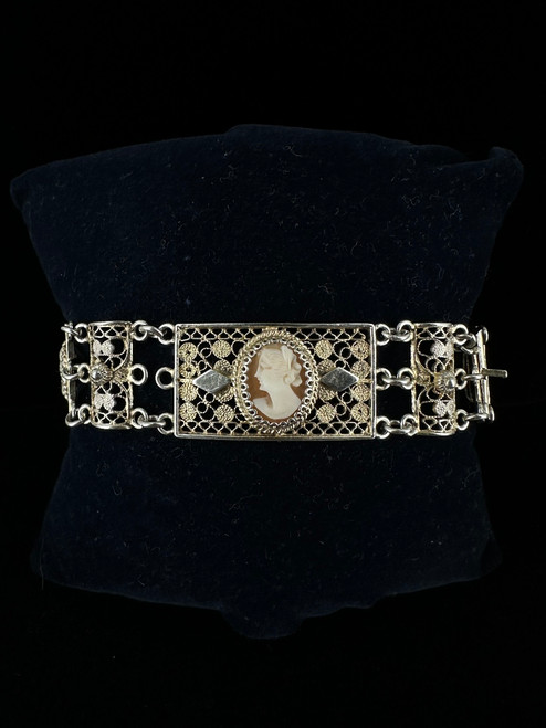 Antique Art Deco Gold Over Sterling Cameo Filigree Rectangle Link Bracelet 8.25”