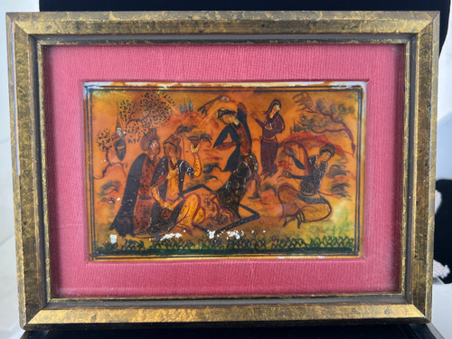 Vintage Middle Eastern Framed Miniature Hand-Painted Music Scene on Camel Bone