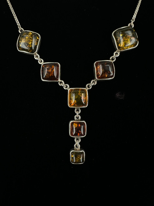 Vintage Sterling Multi Amber Dangle Y Necklace 17”