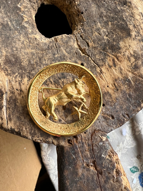 Vintage Crown Trifari 18k Gold Plated MCM Sagittarius Zodiac Astrology Pin 1.5"