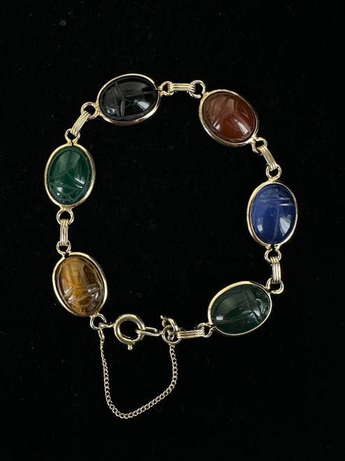 Vintage 12k GF Multi Gemstone Scarab Link Bracelet 7.75"