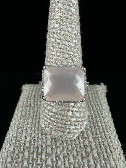 Vintage Sterling Large Halo Diamond Checkered Cut Pink CZ Cocktail Ring 10