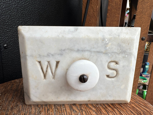 Antique Marble Door Stop / Stay with Porcelain Knob Initals “W S” Engraved Block