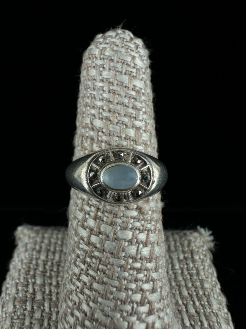 Vintage MCM Sterling Silver Moonstone Marcasite Halo Ring 6.5